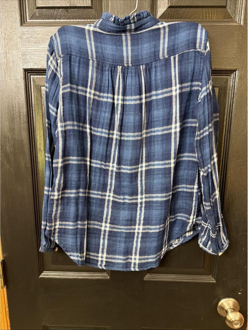 Trovata Birds of Paradise Blue Plaid Button Down Shirt Sz XS Ruffle Trim New - Picture 7 of 9